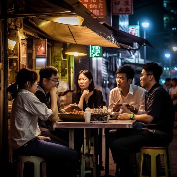 people enjoying food, stree...